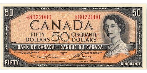 Bank note, orange, a frame of geometric patterns, a young woman with curly hair and a pearl necklace: Queen Elizabeth II.