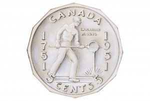 Drawing of coin design featuring a man operating a drill.