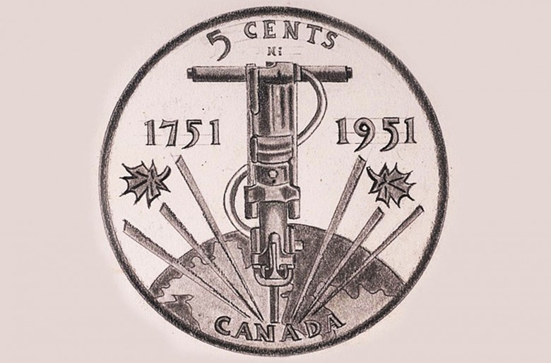 Drawing of coin design featuring pneumatic drill.