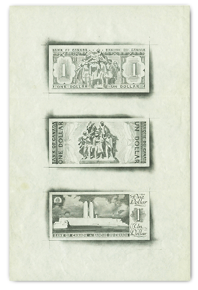 Three sketches of bank note