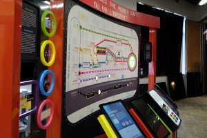 museum text panels, digital touch panels and large route map