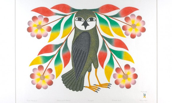 Inuit print of an owl and flowers