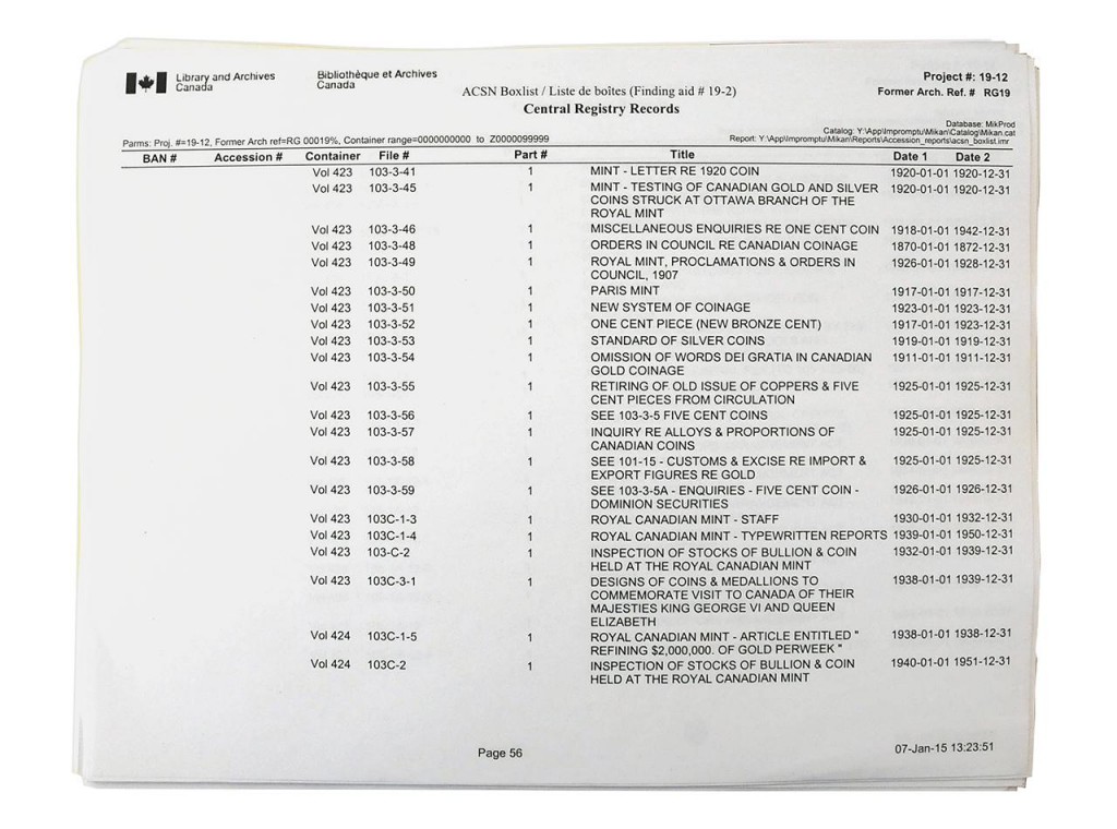 printed list of archival items