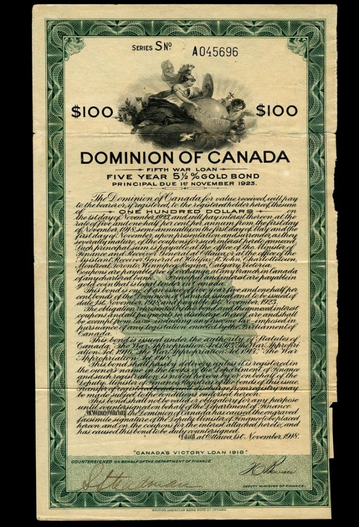 First World War public war bond certificate of $100, 1918
