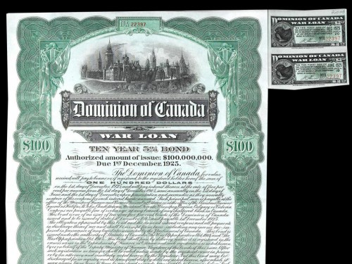 First World War public war bond certificate of $100, 1915