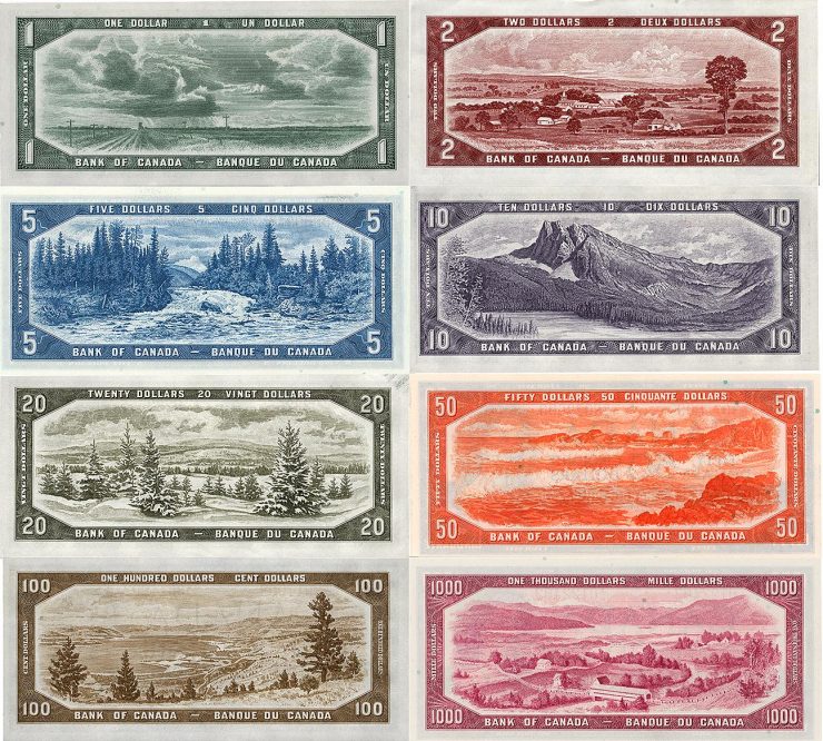 a colourful grid of eight bank notes, each featuring an image of a Canadian region