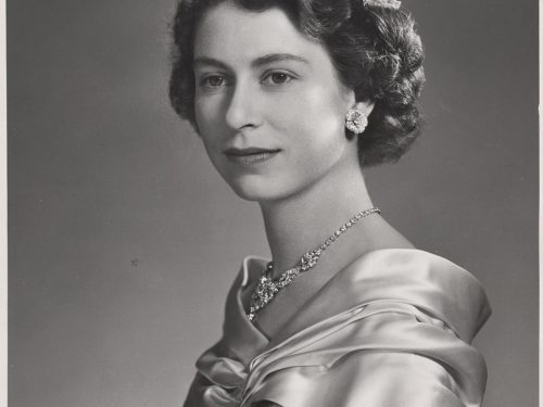 black and white portrait of Elizabeth in a tiara, 1951