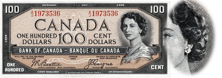 a Canadian $100 bank note from 1955 with detail showing the Devil’s face in the Queen’s hair