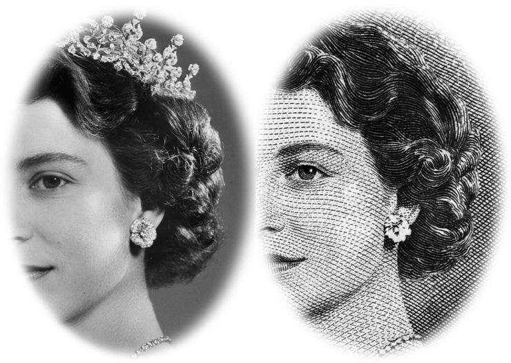 an engraving of the Queen and the photograph it was reproduced from