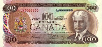 $100 Canadian bank note featuring Sir Robert Borden, 1976