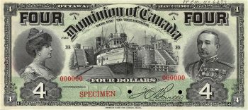 Dominion of Canada $4 bank note with Lord and Lady Minto