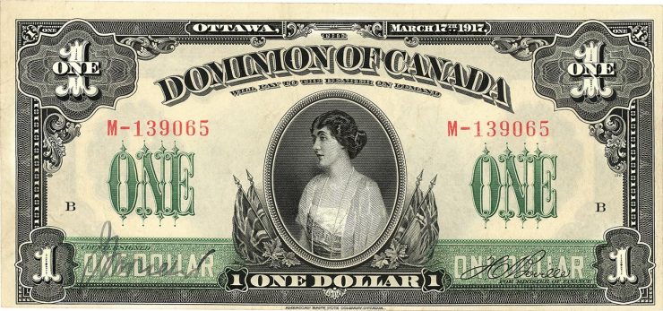 $1, Dominion of Canada bank note featuring Princess Patricia in a patriotic frame