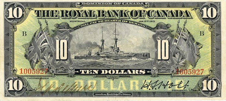 $10 bank note from the Royal Bank of Canada featuring a First World War battleship at sea