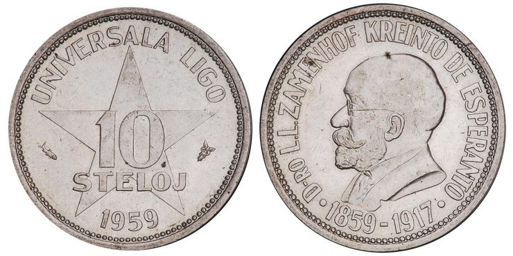 10 steloj coin, from the Universala Ligo Esperanto league, silver