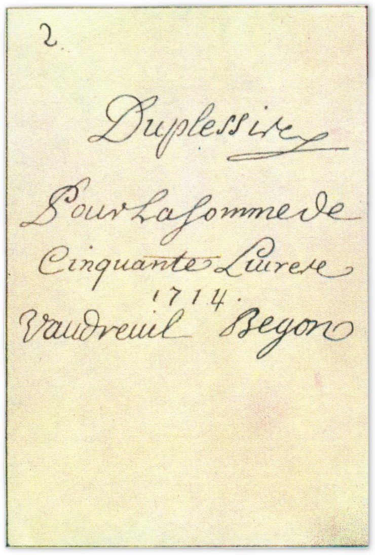 back of an 18th century playing card featuring the signatures of authorities of New France