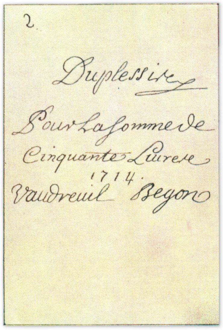 back of an 18th century playing card featuring the signatures of authorities of New France