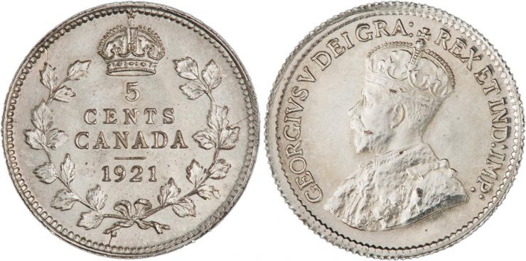 a silver 1921 Canadian 5¢ piece
