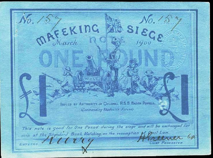 a one-pound note in blue showing soldiers, a woman and a cannon with a Union Jack overhead