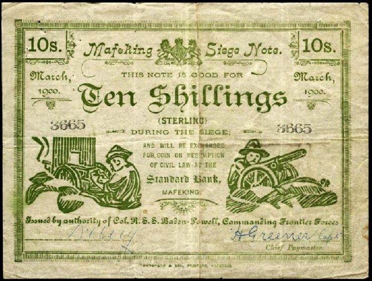 a 10-shilling note with a hand-made woodcut print of soldiers and field guns