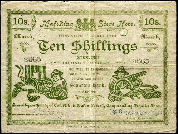 a 10-shilling note with a hand-made woodcut print of soldiers and field guns