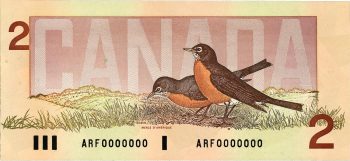 Canadian $2 bill, showing 2 robins, 1986