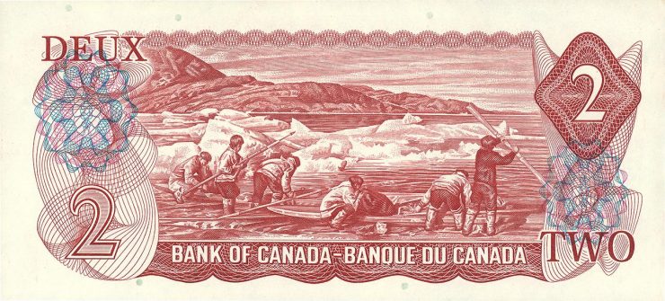 Canadian $2 bill, back 1974