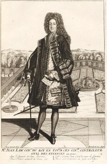 18th century engraving of Law standing on a terrace