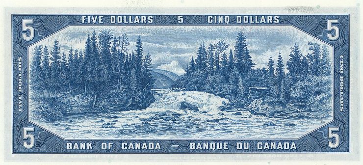 $5 bill showing river, falls, forest and mountains