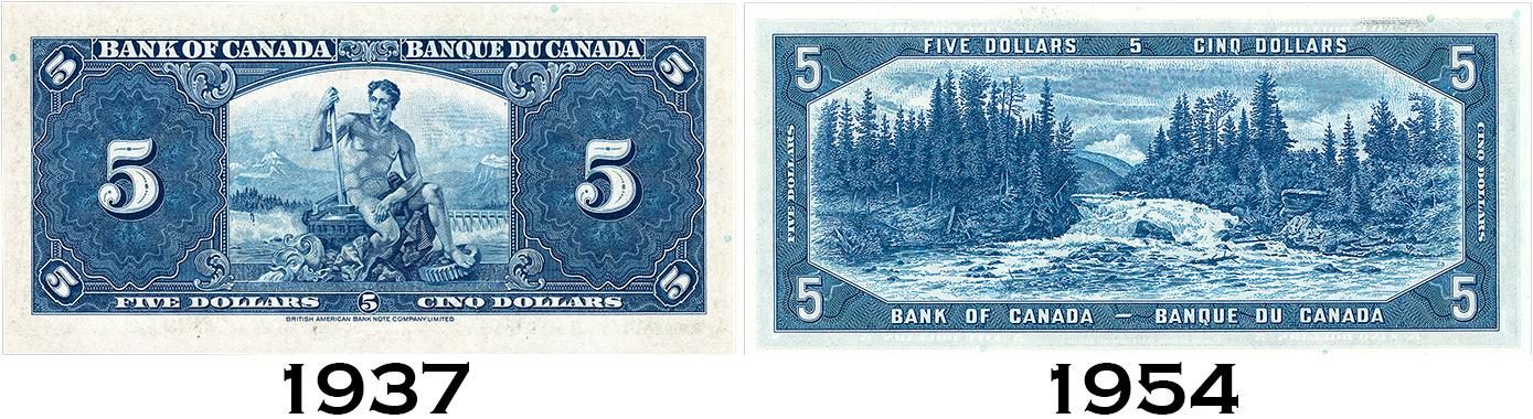1937 Canadian 5-dollar bill and a 1954 Canadian 5 dollar bill