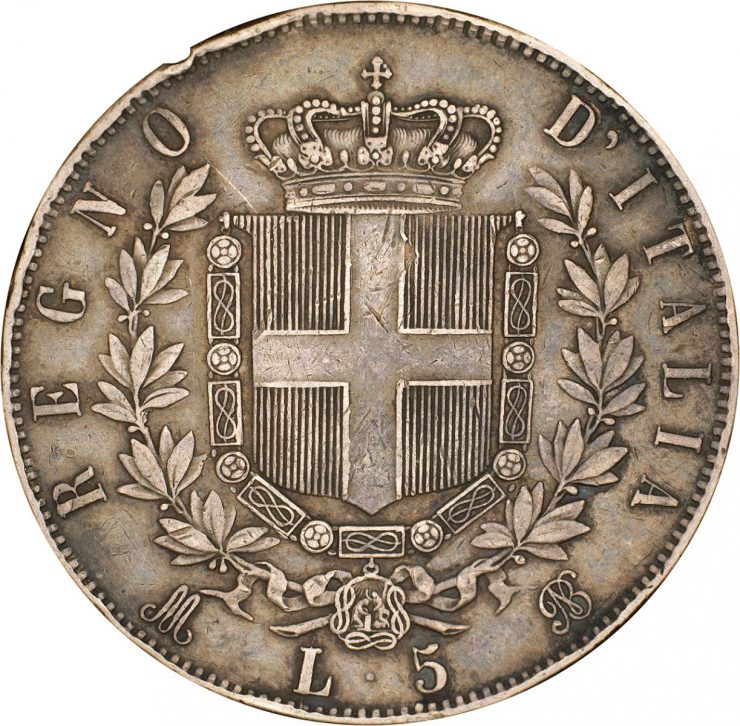 old Italian coin with shield, crown and laurels
