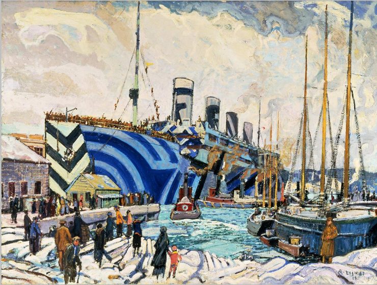 painting of a troopship in a harbour