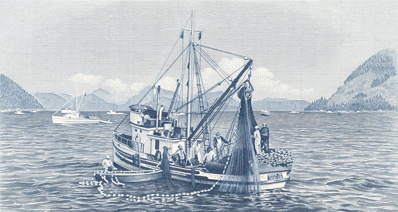 test print of fishing boat image from the $5 bill