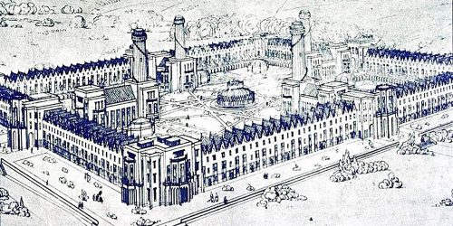 blueprint of a self-sustaining town ringed with working homes