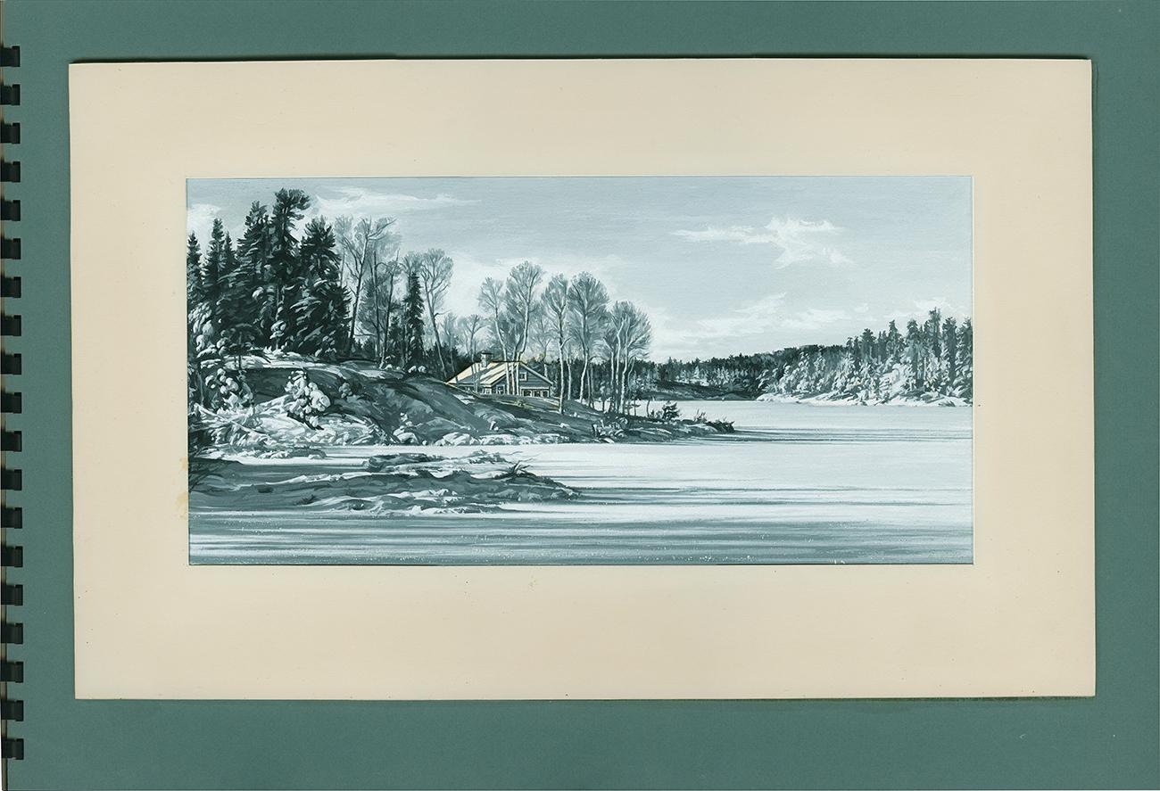black and white painting of trees and a cottage on a frozen lake