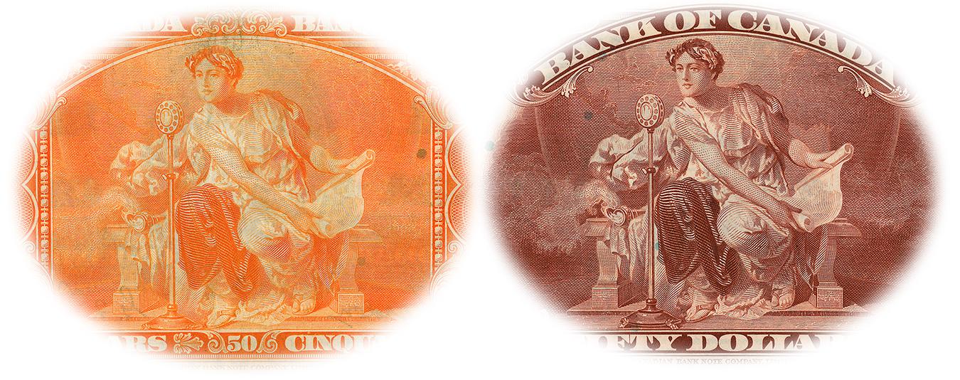 same image reproduced palely in orange (left) and richly in maroon (right)