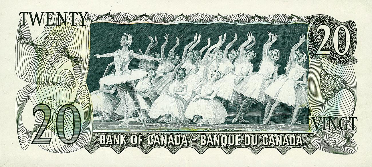 an engraving on a $20 bill of performing ballerinas