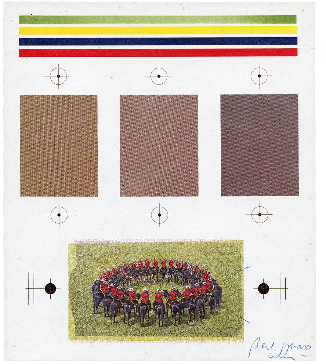 page with colour patches and a colour print of ring of police officers on horseback