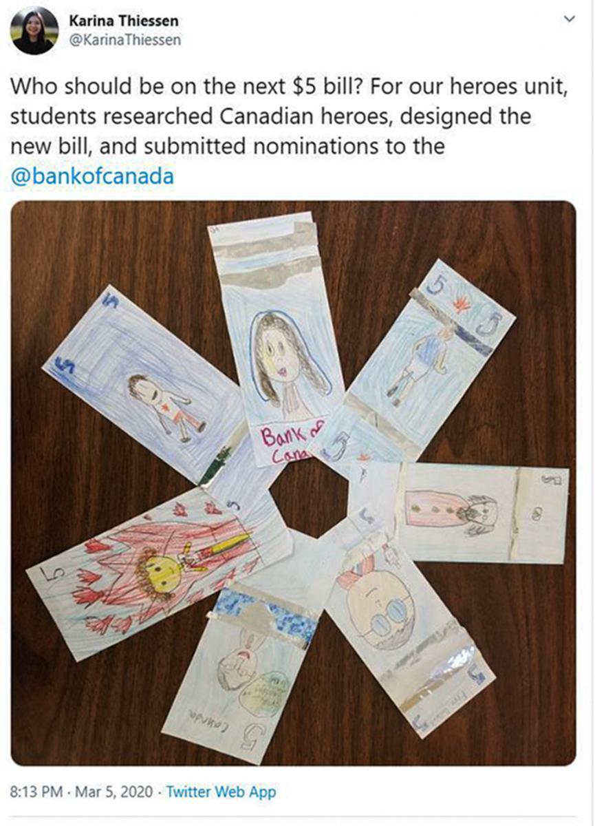 tweet showing children’s hand-drawn bank notes