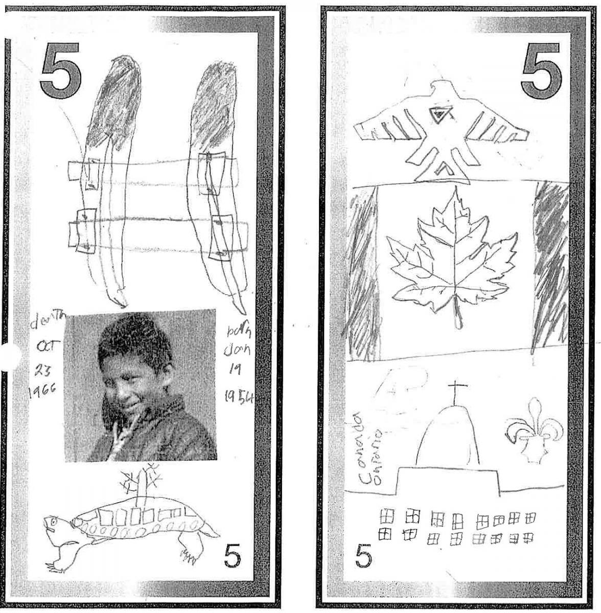 illustration, 5 dollar bill model showing a photo of a boy and pencil-sketched Indigenous symbols