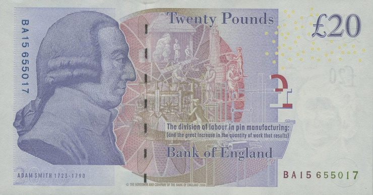 Bank note with an 18th-century gentleman’s profile printed in purple ink.