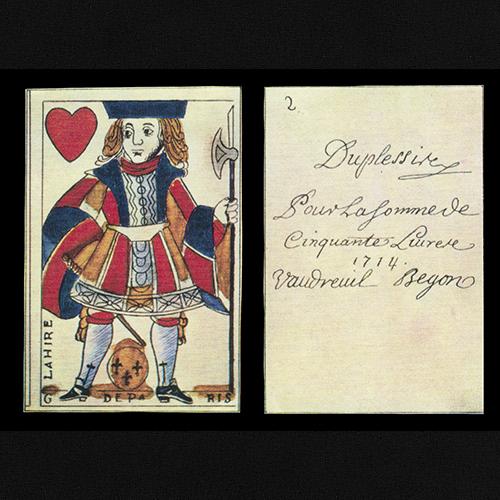 Playing card money showing a nobleman in the suit of hearts. On the back, text dated 1714 describing a sum of money to be paid back.