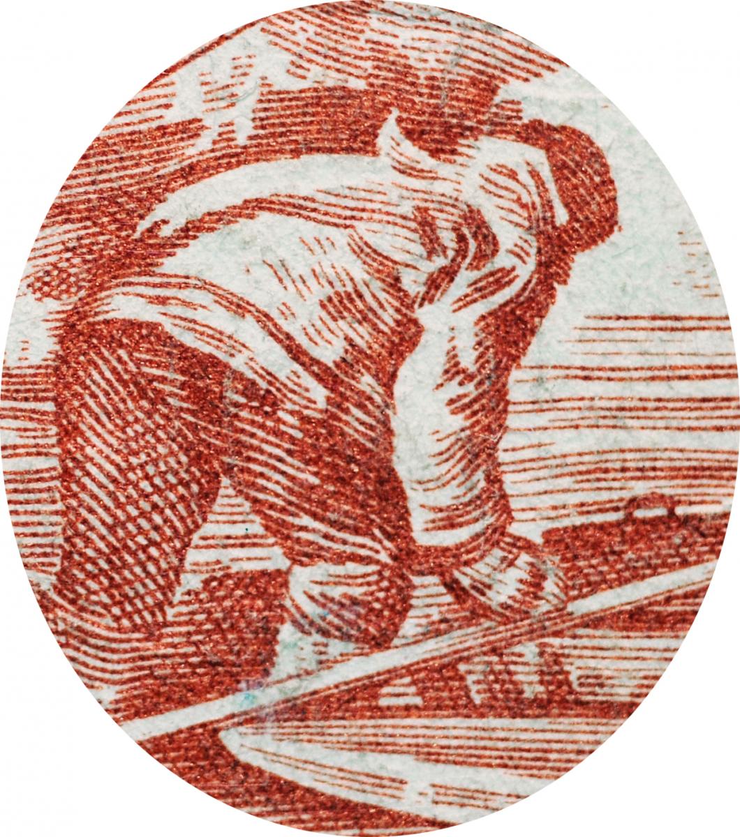 Engraving of man bent over a kayak.
