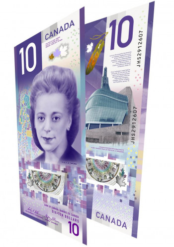 A purple bank note of vertical design with a large portrait of a young woman on it.