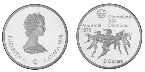 Both sides of the Olympic silver coin with Queen Elizabeth II on one side and men playing lacrosse on the other.