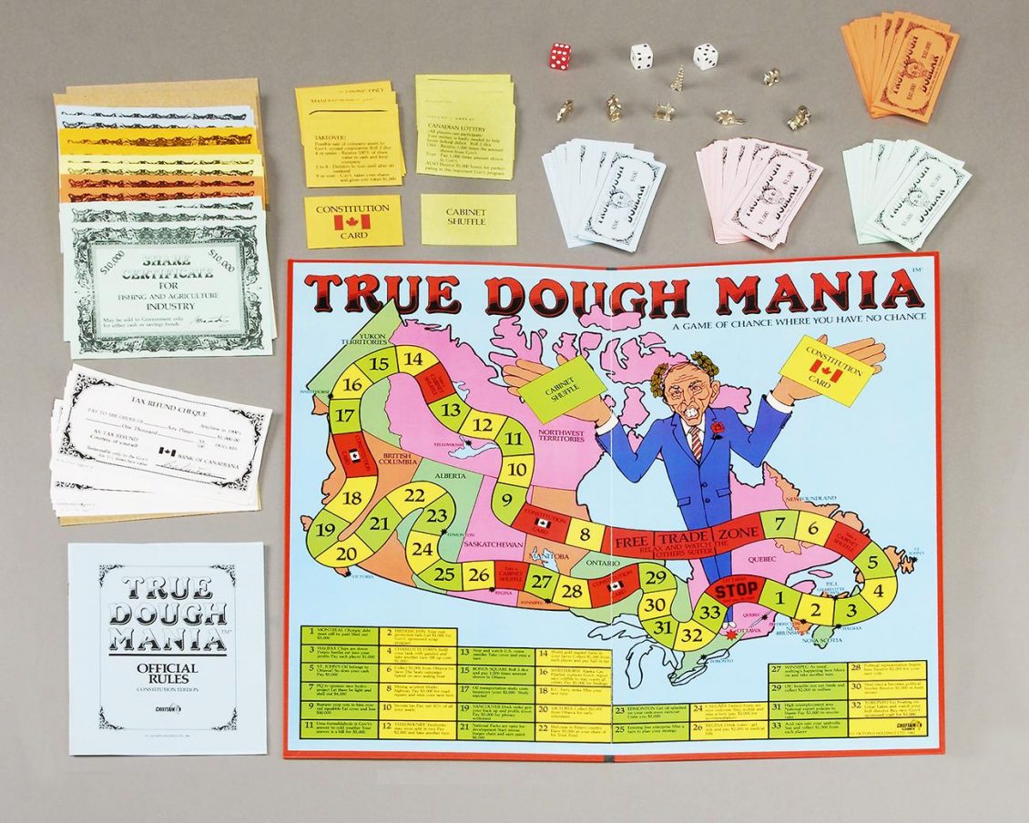 A game board featuring a colourful track across Canada and a cartoon prime minister.