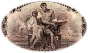 Bank note engraving, man and boy in classical Greek and Roman style with backdrop of industry.