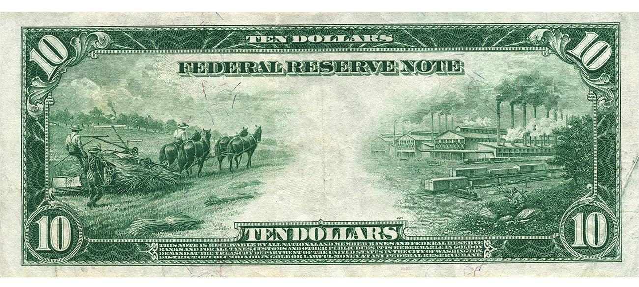 Bank note, green, with farmers cutting grain on left and a factory with many smoking chimneys at right.