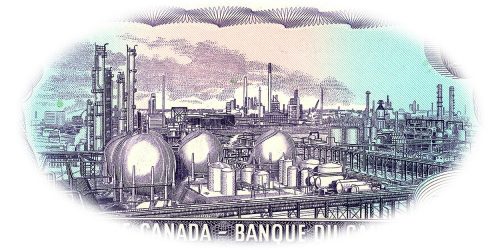 Bank note engraving, purple, a large, highly detailed factory complex of pipes, tanks and chimneys.