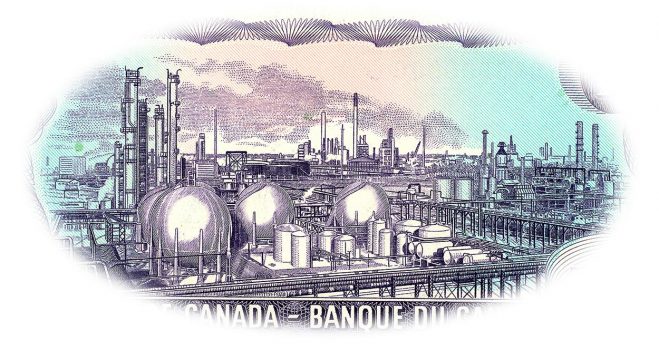 Bank note engraving, purple, a large, highly detailed factory complex of pipes, tanks and chimneys.