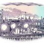 Bank note engraving, purple, a large, highly detailed factory complex of pipes, tanks and chimneys.